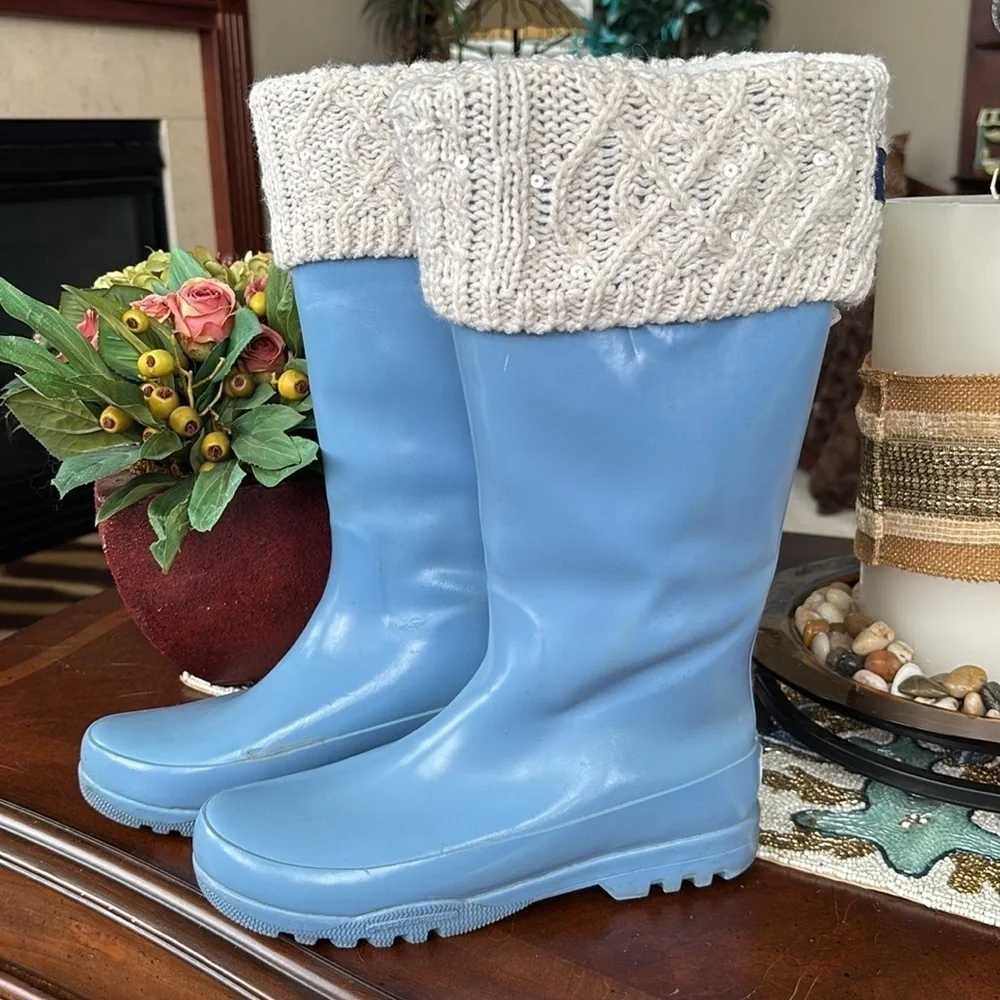 Sperry Vintage Blue Tall Rubber Boots Waterproof w/ Cream Knit Sequin Boot Socks